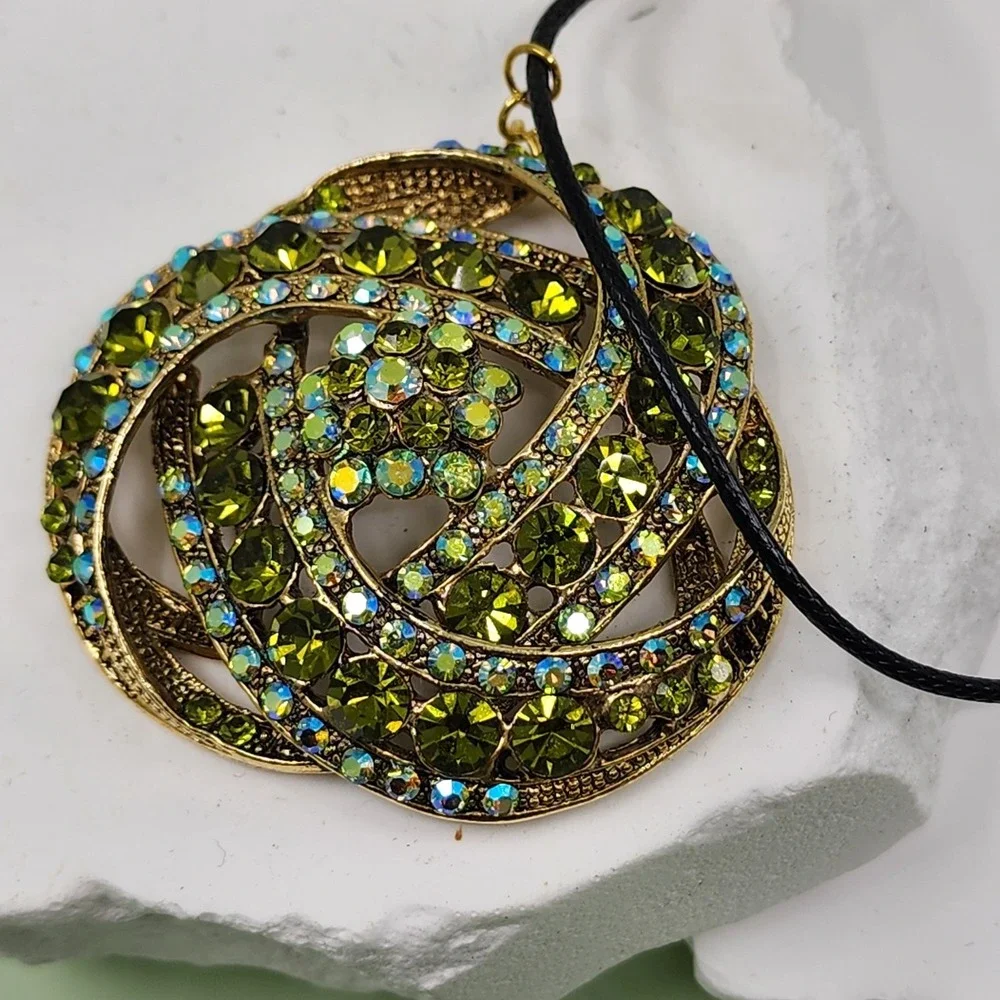 Olive Green Rhinestone Pendant Necklace Gold Tone AB Crystal Statement Glam